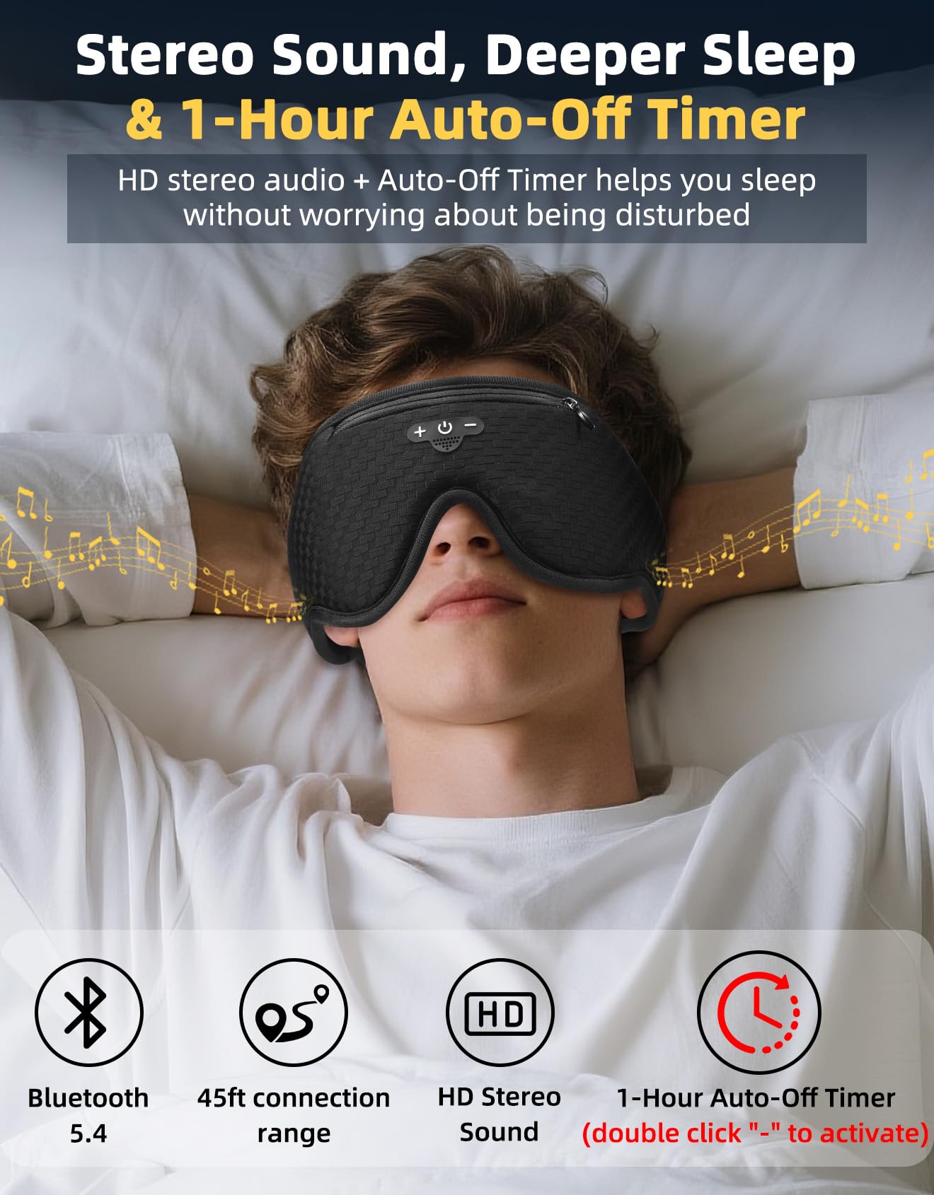 BULYPAZY 3D Contoured Sleep Mask with Bluetooth Headphones, Adjustable Blackout Sleeping Mask, 1-Hour Timer Sleeping Headphones with Thin Stereo Speakers for Men, Women, Gift - Black