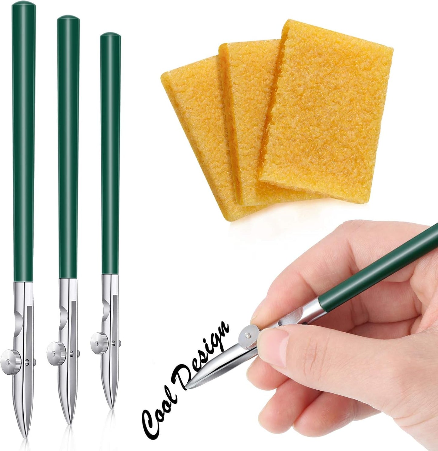 Zonon 6 Pieces Art Ruling Pen 3 Sizes Masking Fluid Pen and 50 x 35 x 5 mm Glue Residue Eraser, Ruling Ink Set for Watercolor Drawing Mounting Art Artists Supplies, No ink(Green)