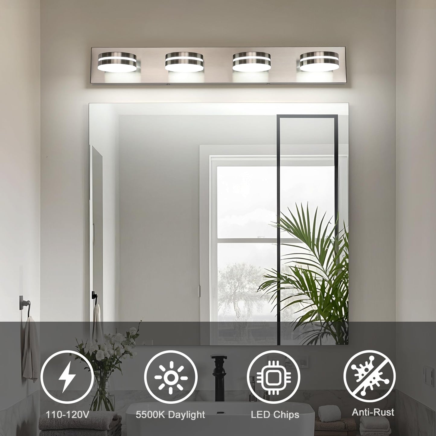 Bicrink Brushed Nickel Vanity Lights For Bathroom  4-Light Bathroom Light Fixtures Over Mirror  Led Dimmable Bath Lighting Fixture  Modern Wall Mounted Lighting Fixture