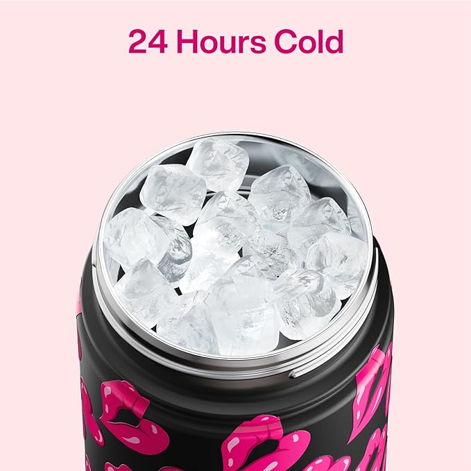 ENCOOL Valentine's Day Insulated Water Bottle with Straw Stainless Steel Water Bottle, Leak-Proof, BPA-Free, Keeps Cold for 24 Hours for Sports, Travel, School (26 oz, Kiss Love Pink x Black)