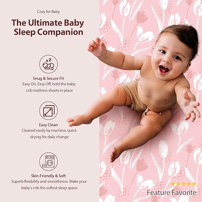 Baby Bassinet Sheets Girl Boy, Fitted Bassinet Sheet Set 3 Pack Bassinet Mattress Sheets Universal Fit for Rectangle, Round, Oval, Hourglass Mattress, Soft Breathable Pink Flowers & Leaf