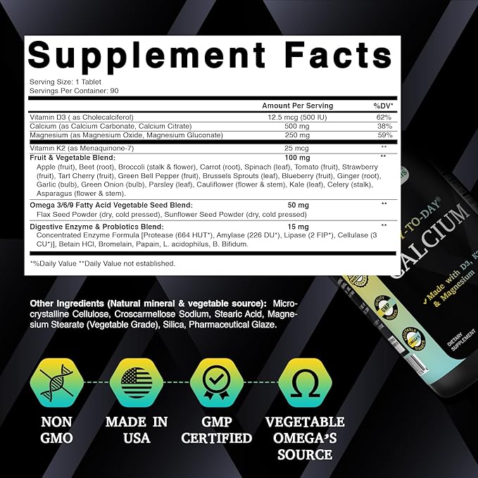 Best Naturals Calcium with D3 K2 Magnesium 90 Tablets - Made with Digestive Enzyme, Probiotics, Omega Blend