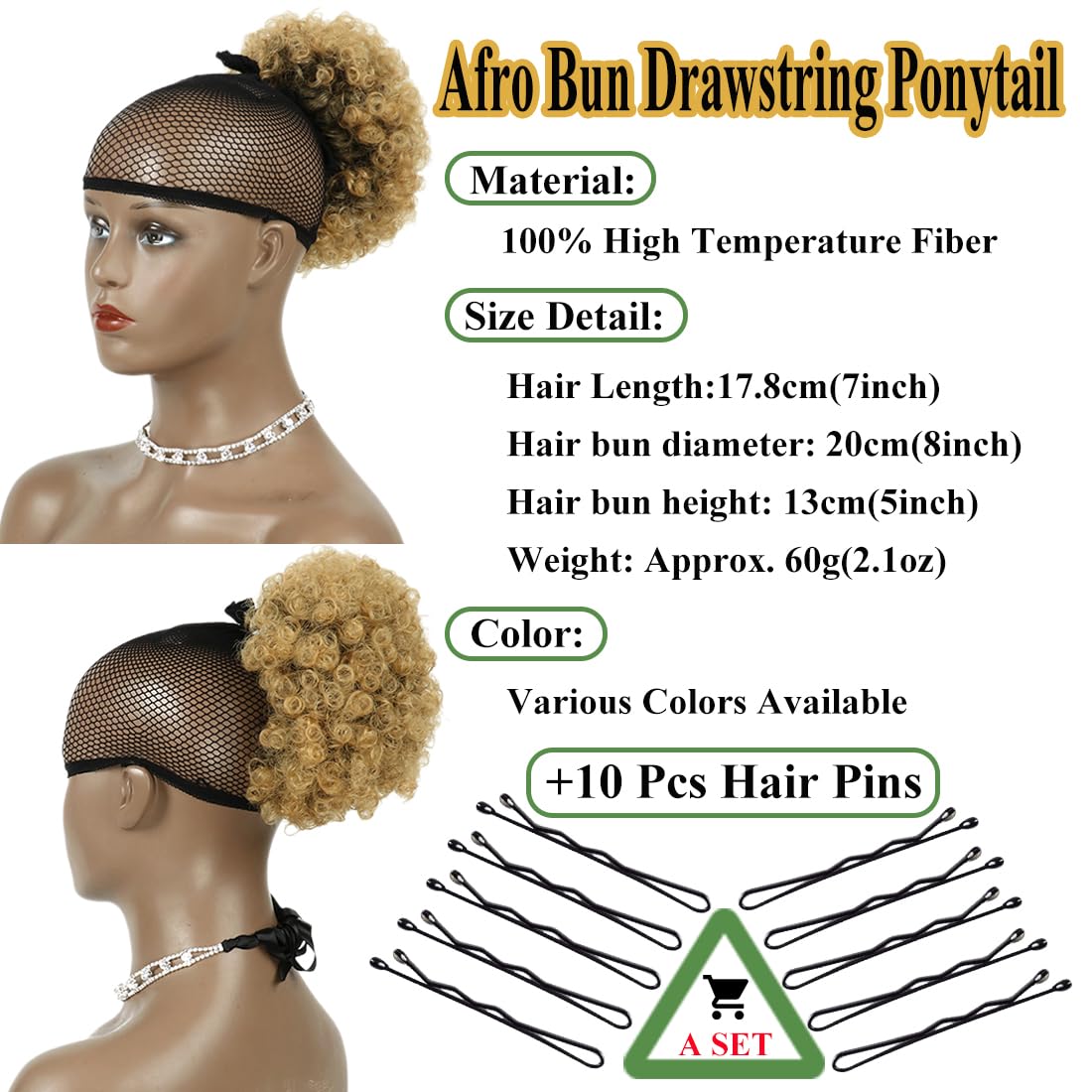 Saisifen Afro Puff Drawstring Ponytail with Clip on for Black Women Bun Afro Curly Hair Pieces with 10 pcs Hair Pins (Diameter 8
