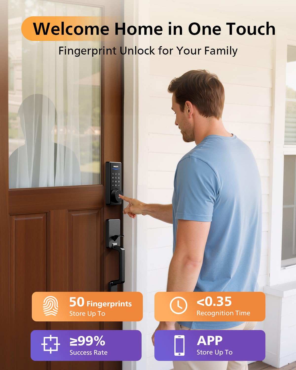 Philips WiFi Smart Lock + Door Handle Set, Built-in WiFi, APP Remote Control, Fingerprint & Voice Unlock, Smart Locks for Front Door, Digital Keypad Deadbolt with Handle Set, Keyless Entry, Auto Lock