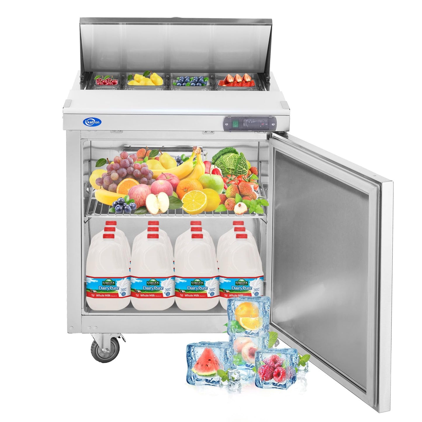 kalifon 27" W 1 Door Refrigerator Sandwich Salad Prep Table Commercial Stainless Steel Fan Cooling Refrigerator with Cutting Board, 1 Shelves & 12 Pans for Restaurant, Bar, Shop-7.4 Cu.ft
