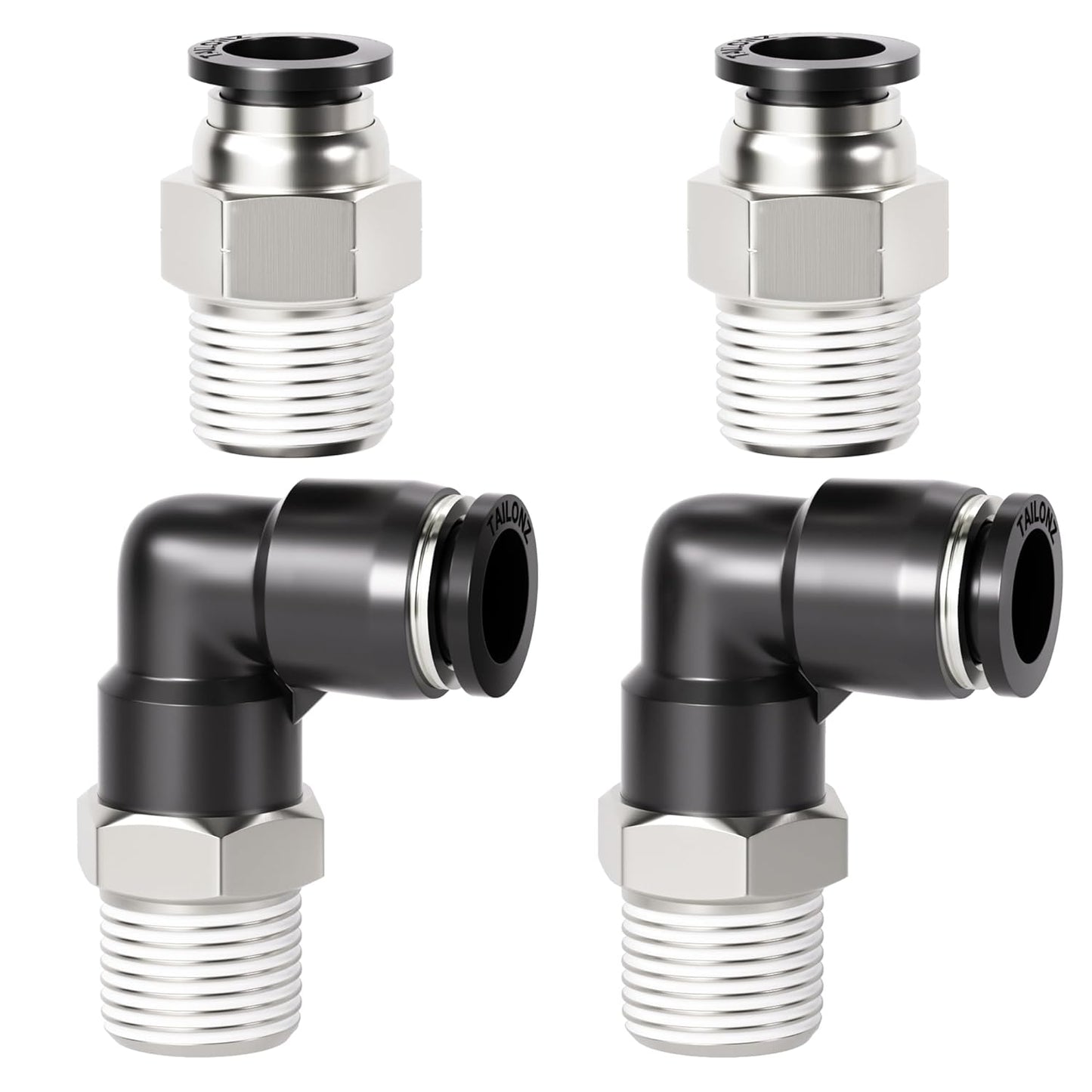 TAILONZ PNEUMATIC Elbow and Straight Combination 1/4 Inch Tube OD x 1/8 Inch NPT Thread Push to Connect Fittings PC-1/4-N1+PL-1/4-N1(Pack of 4)