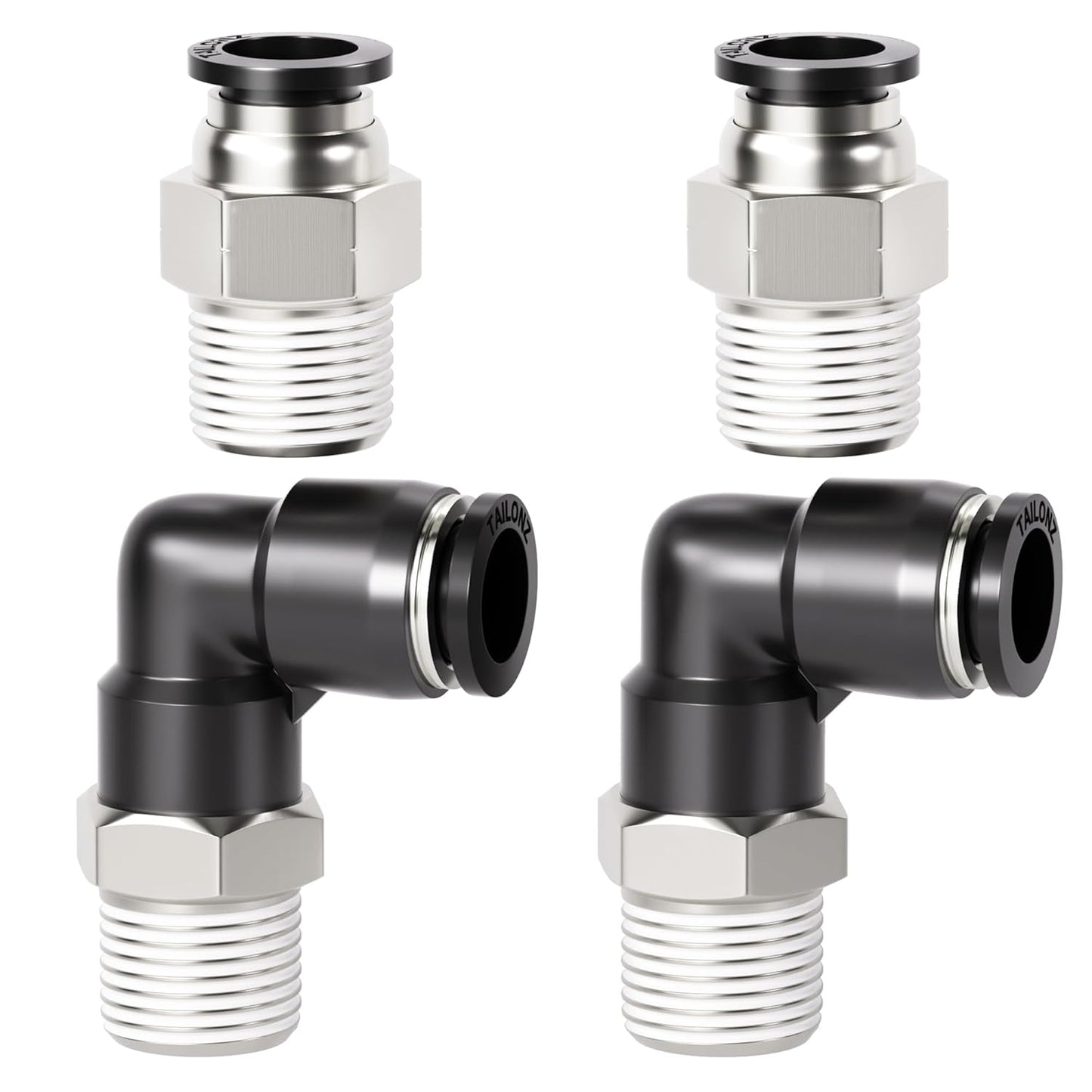 TAILONZ PNEUMATIC Elbow and Straight Combination 1/2 Inch Tube OD x 1/4 Inch NPT Thread Push to Connect Fittings PC-1/2-N2+PL-1/2-N2(Pack of 4)