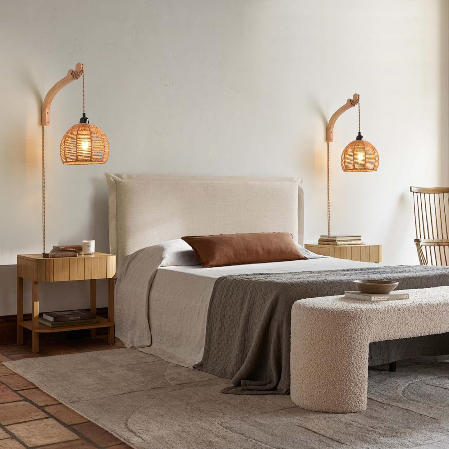 Cafulam Plug In Wall Sconce Farmhouse Wicker Wall Lamp Plug In Hand Woven Rattan Wall Light Farmhouse Rustic Boho Sconces Wall Lighting For Living Room Bedroom