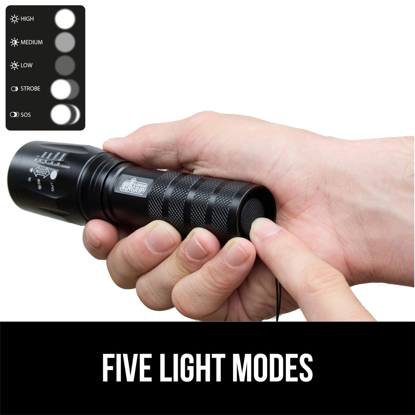 Gorilla Grip LED Tactical Handheld Flashlight, 750 FT Zoom, 5 Modes, Water Resistant, Black, Model 840029670880