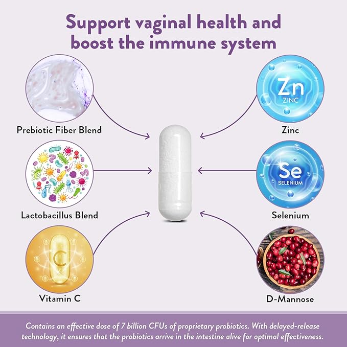 Vaginal Probiotics for Women, pH Balance & Vaginal Health with 70 Billion CFU & Prebiotics - Supports Odor Control, Urinary Tract & Digestive Health - Shelf Stable, Lactobacillus Blend, 60 Capsules