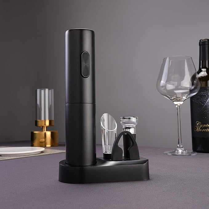 5 in 1 AA Battery Operated Electric Wine Opener Set – Automatic Wine Bottle Opener with Storage Base, Vacuum Stopper, Foil Cutter & Aerator Pourer and Easy Cork Removal