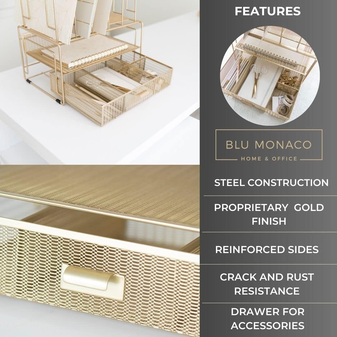 BLU MONACO Gold Desk Organizer – Cute File Holder for Desk & Drawer Storage for Office Supplies, Paper, Devices & Folders