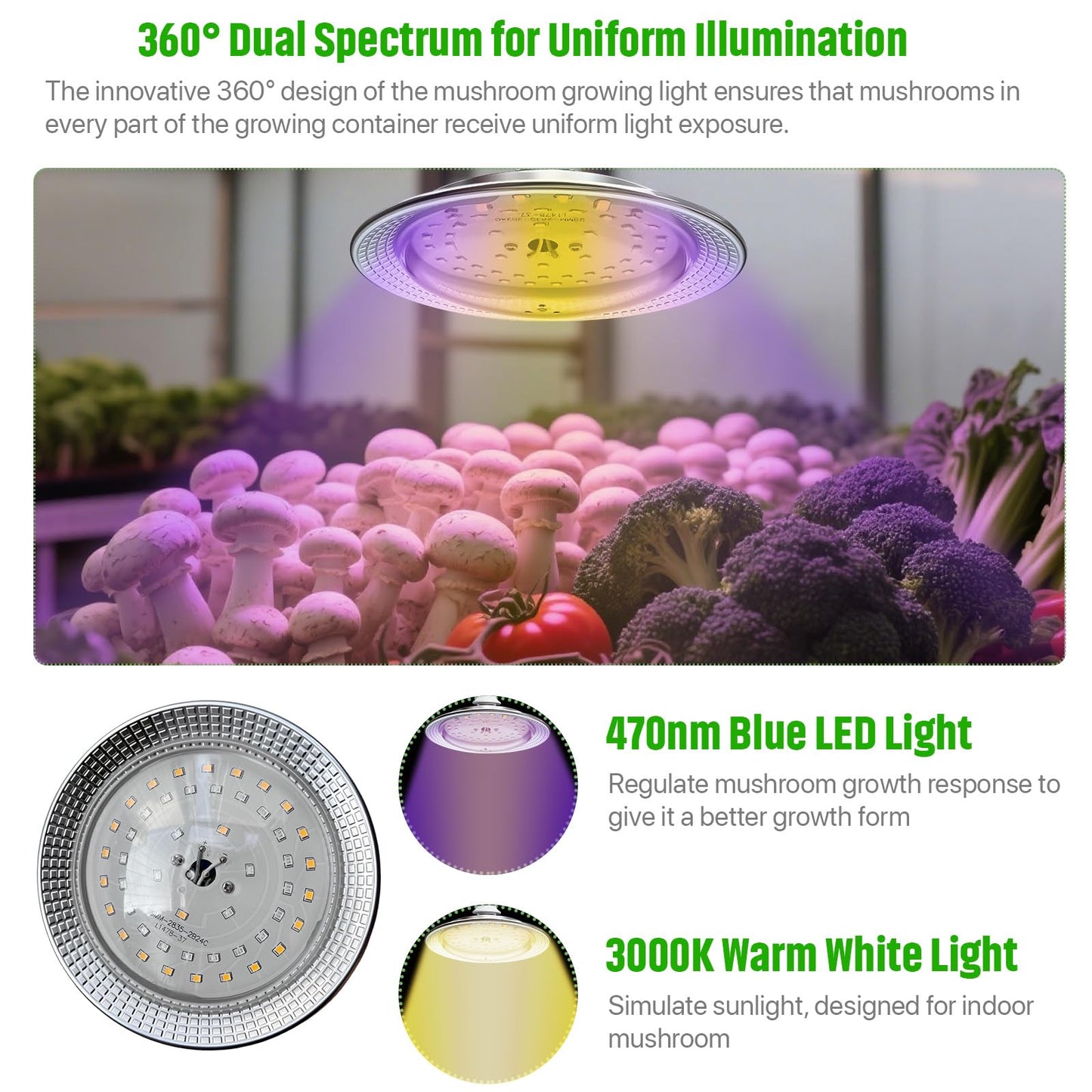 Ehaijia LED Growing Light for Mushroom Kit, Dual Spectrum, 7.8 Ft Extension Cord, Silver, Model MGD01