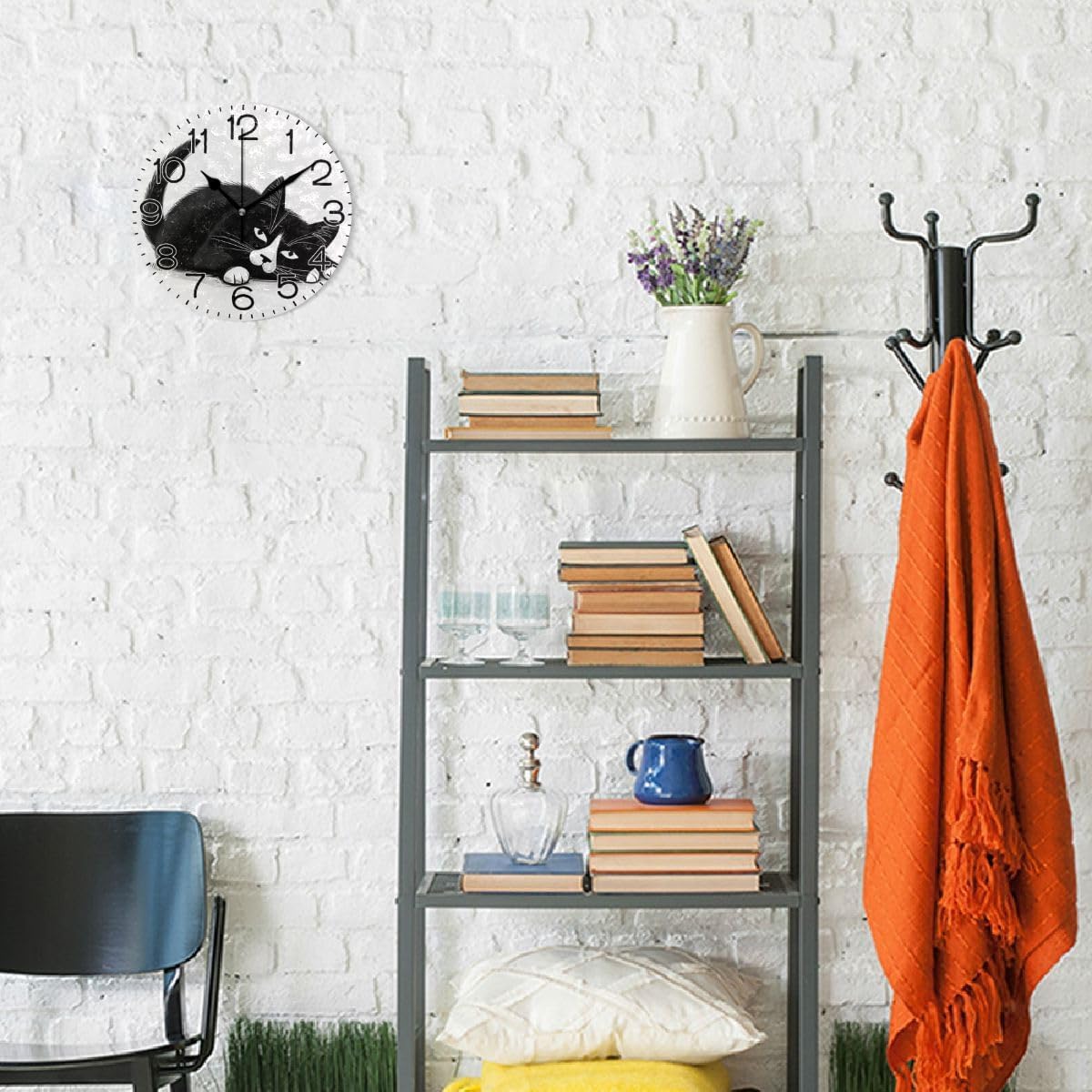 A Black Cat Wall Clock Battery Operated Non Ticking Silent Quartz Analog Rustic Farmhouse Round Clock Retro Decor for Home Kitchen Living Room Bathroom