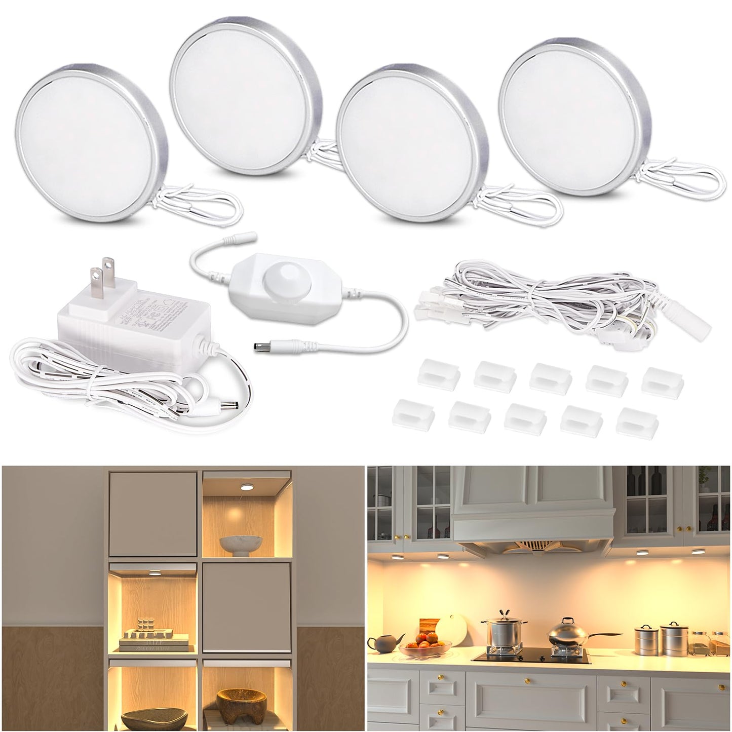 Wobane Dimmable Led Puck Lights  Under Cabinet Lighting With Switch  Plug In Under Counter Lighting For Shelf  Closet  Cupboard  Bookcase  Display  Super Bright  2700K Warm White  4 Pack