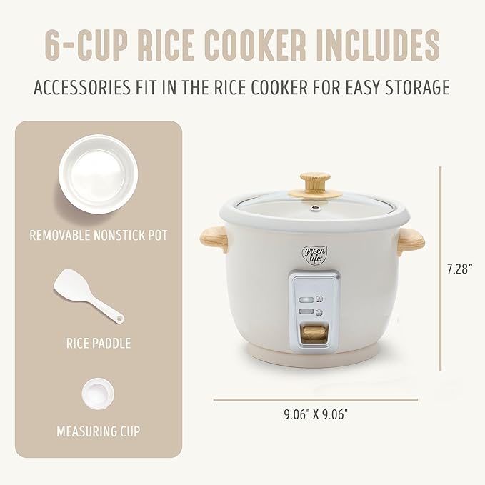 GreenLife Rice Cooker with Removable PFAS-Free Nonstick Pot, 3-Cups Uncooked/6-Cups Cooked, One-Switch Design, Auto Keep Warm Function, Soup, Grains, Oatmeal, Wood Handle, Cream
