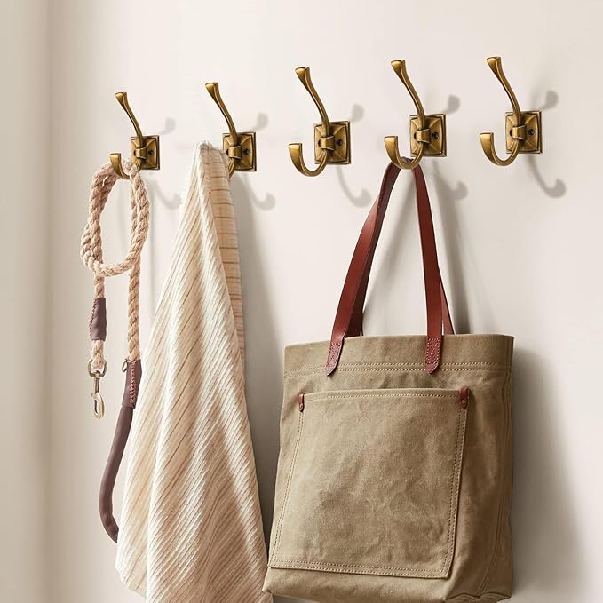 Large Wall Hooks 2 Pack Antique Brass Coat Hardware for Hanging 4.35 Inch Double Robe Wall Mounted With Screws for Key, Towel, Bags, Cup, Hat