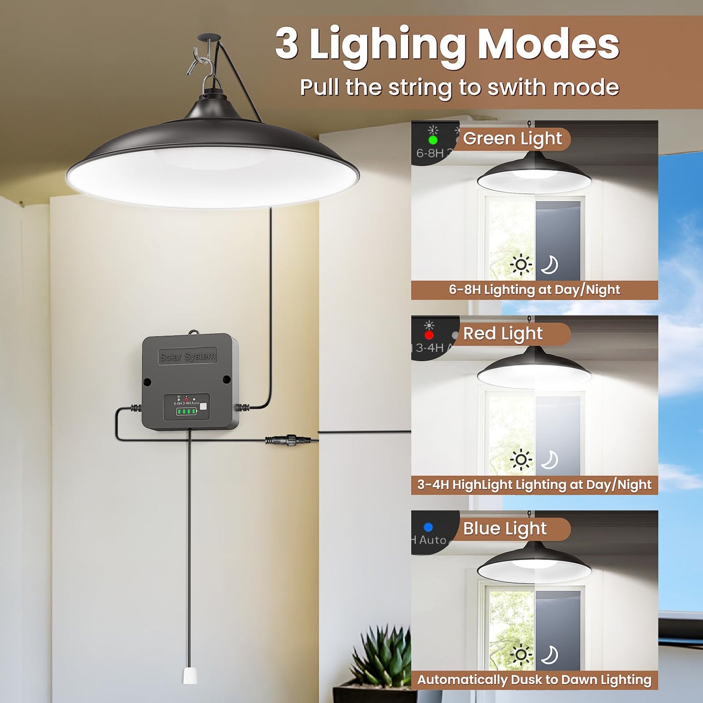 Apilab Solar Shed Light Indoor Outdoor  2000Lm Daytime Available Pendant Light With Pull String  Dusk To Dawn  3 Lighting Modes Solar Lights Indoor  Ip65 Waterproof For Barn  Gazebo  Shop  Garage