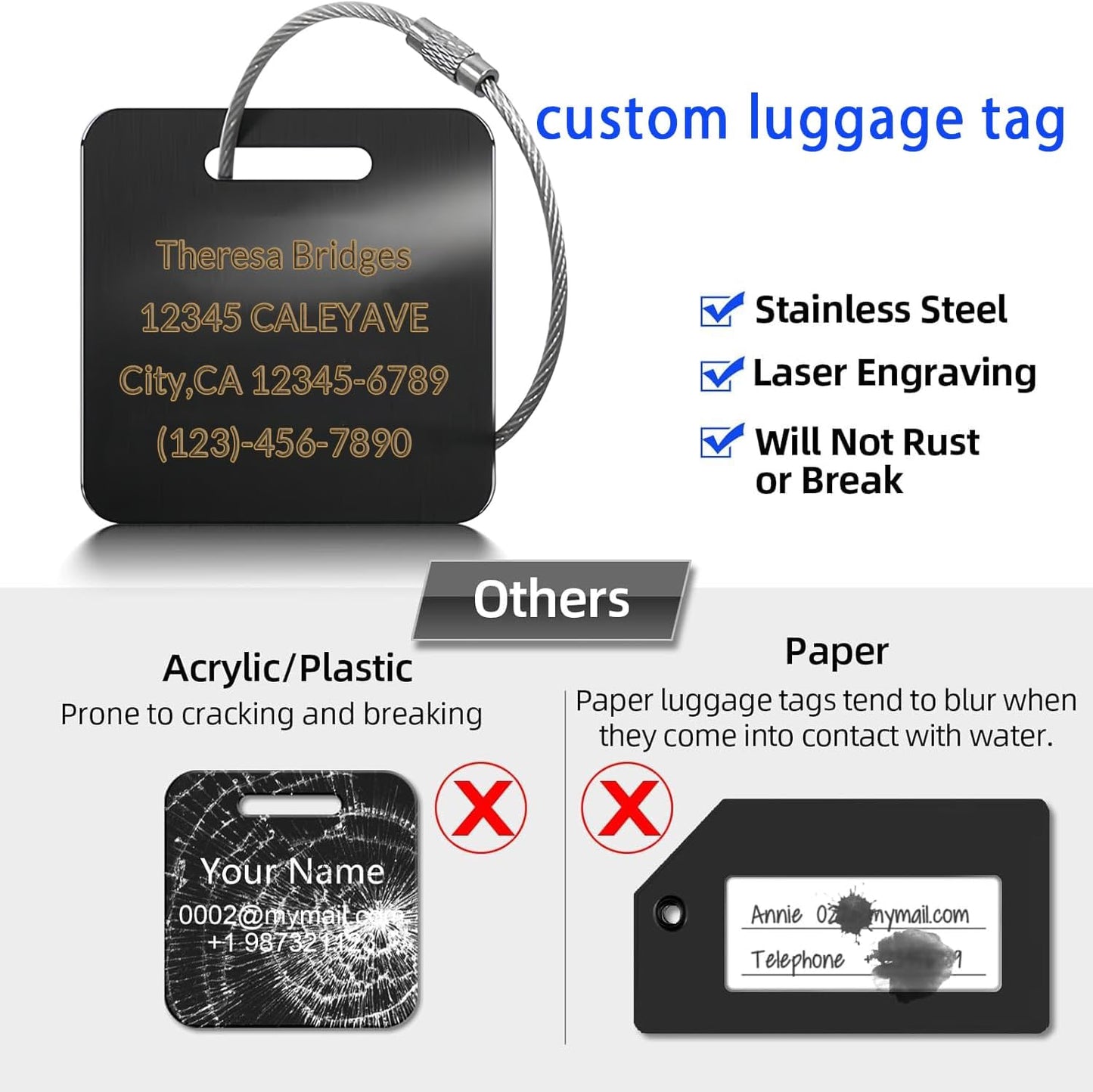 5 Pack Custom Engraved Luggage Tags, 2 x 2 inches Waterproof Personalized Luggage Tags, Aluminum Personalized Bag Tags for Suitcases/Backpack/Luggage Accessories [Rose Gold]