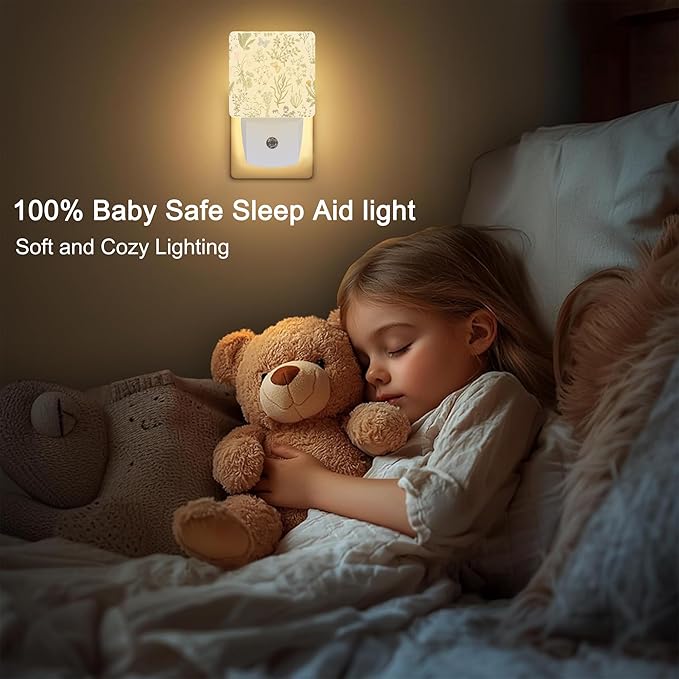 Herbs and Wild Flowers Botanical Plug in Night Light with Auto Dusk to Dawn Sensor,Warm Night Lights for Boys Girls Bedroom Bathroom Hallway Kids Room Gifts