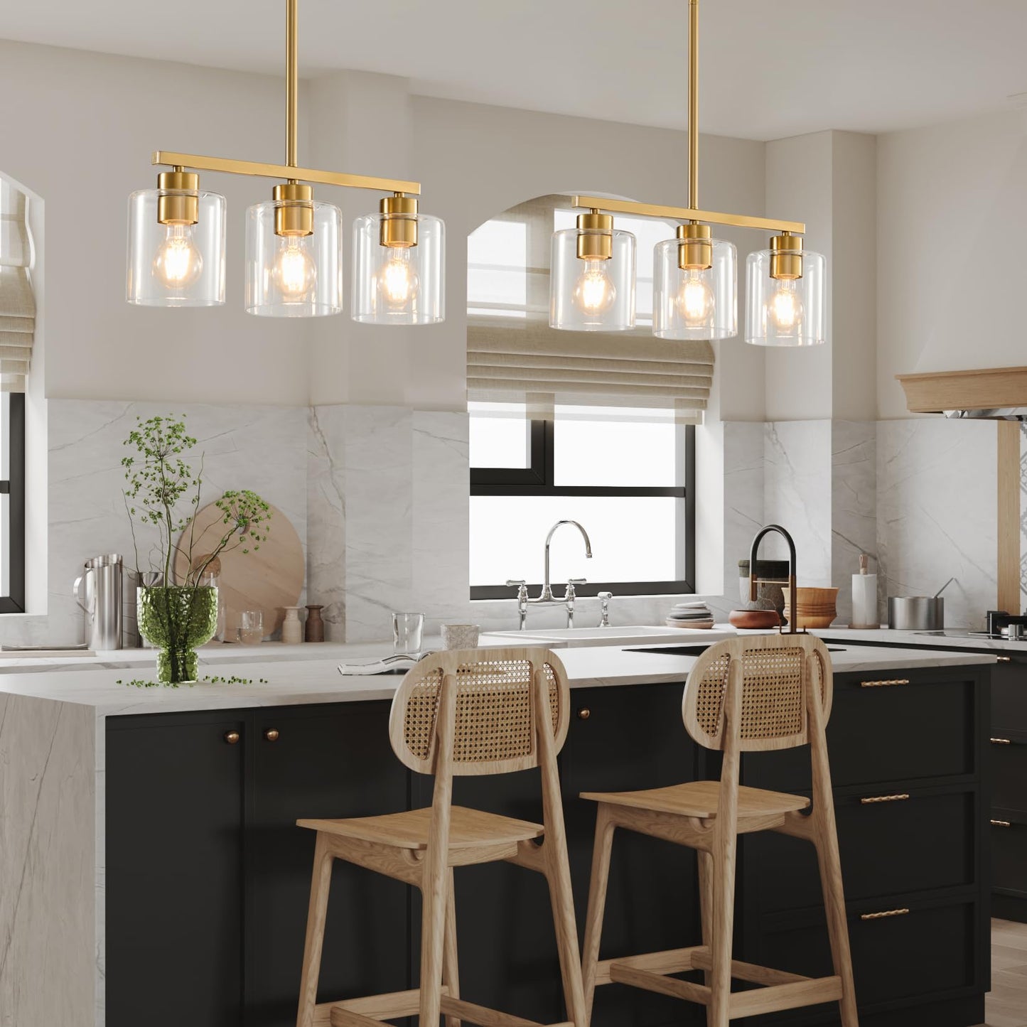 Rocunsi 3-Light Gold Kitchen Island Lighting  Gold Pendant Light Fixture  Farmhouse Dining Room Light Fixtures Over Table  Modern Hanging Light Fixtures With Clear Glass  E26 Base  Bulbs Not Included