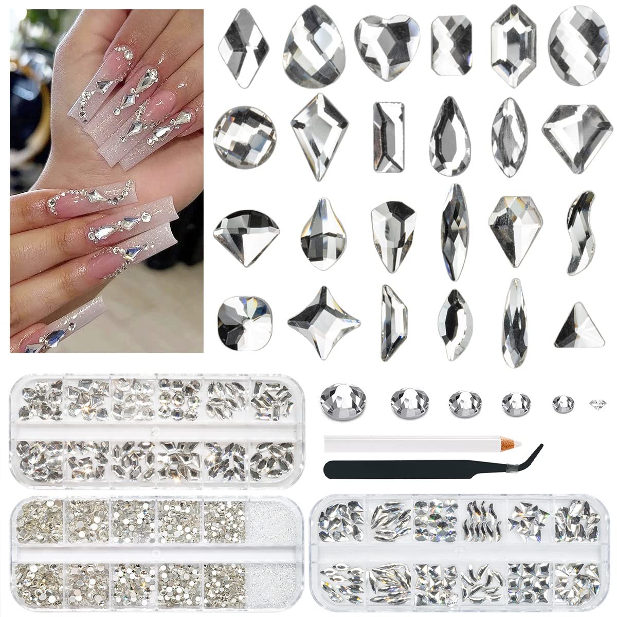 qiipii 3 Boxes Silver Clear Nail Rhinestones 240 Multi-Shapes Crystal White Big Gems Stones Flatback Round Beads Glass Crystals