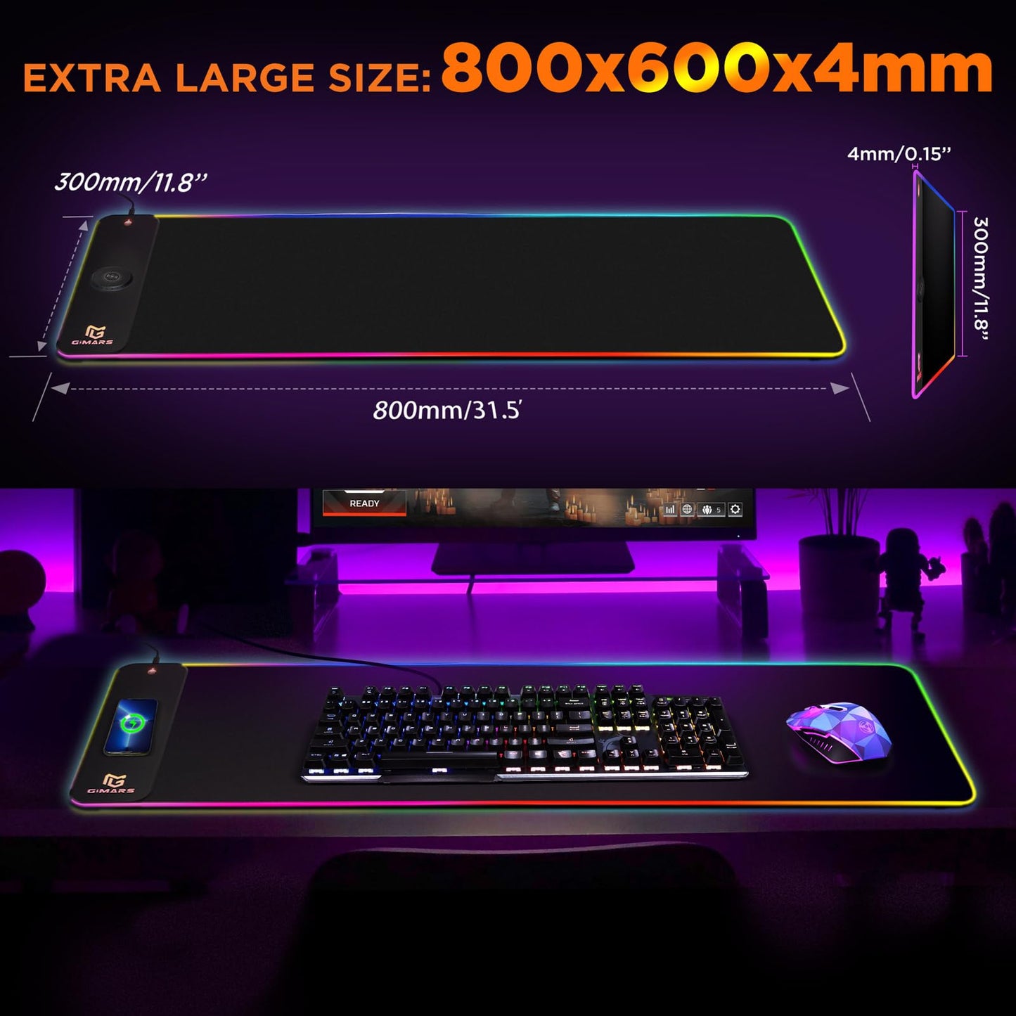 Gimars RGB Gaming Mouse Pad,15W Wireless Charging Mousepad with 10 Light Modes, Large Mousepad with Premium Smooth Surface, Non-Slip Mouse Mat for Gaming, Desk, PC,Office, 31.5x11.8x0.16inch