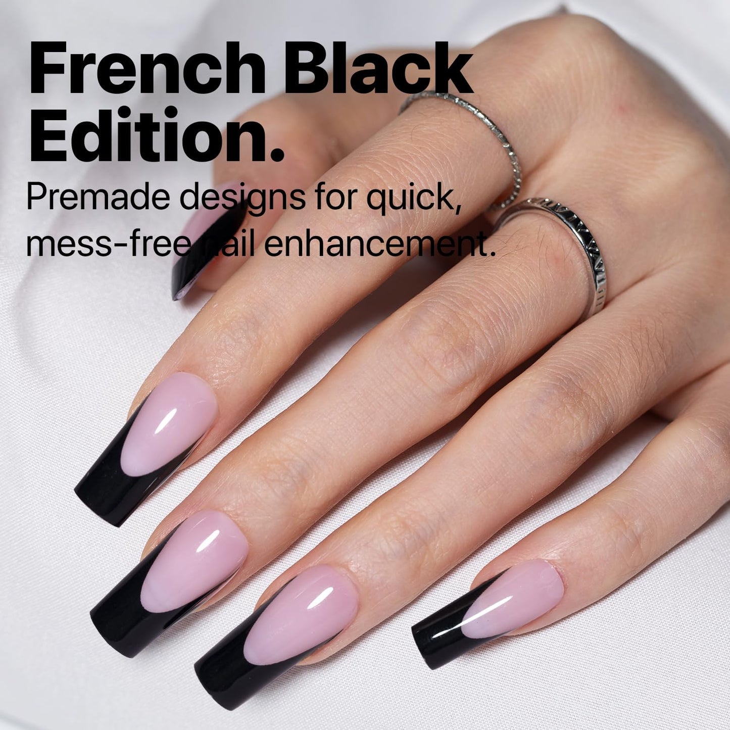 SXC Cosmetics French Tip Press On Nails - Black Series, Medium Square, X-Pro Tips Starter Kit | 150PCS, 15 Sizes, 5 Styles, Begi