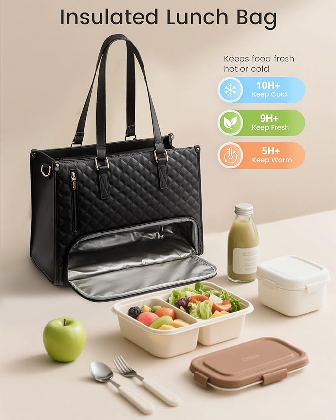LOVEVOOK Lunch Tote Bag for Women, 15.6 Inch Laptop Bag with Insulated Lunch Compartment, Quilted Large Capacity Computer Handbag with Purse for Business, Work, Nurse, Office, Collage, Casual