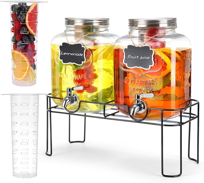 1.6 Gallon Glass Drink dispenser, 2 PCS Beverage Dispenser With Stand, Lemonade Dispenser with Stainless Steel Spigot,Drink Dispensers for Parties,Weddings, Picnic