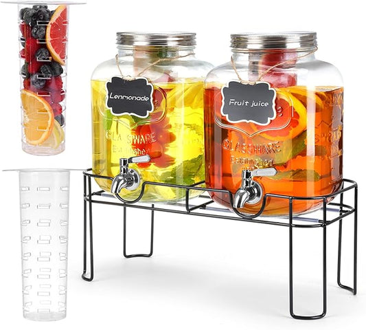 1.6 Gallon Glass Drink dispenser, 2 PCS Beverage Dispenser With Stand, Lemonade Dispenser with Stainless Steel Spigot,Drink Dispensers for Parties,Weddings, Picnic