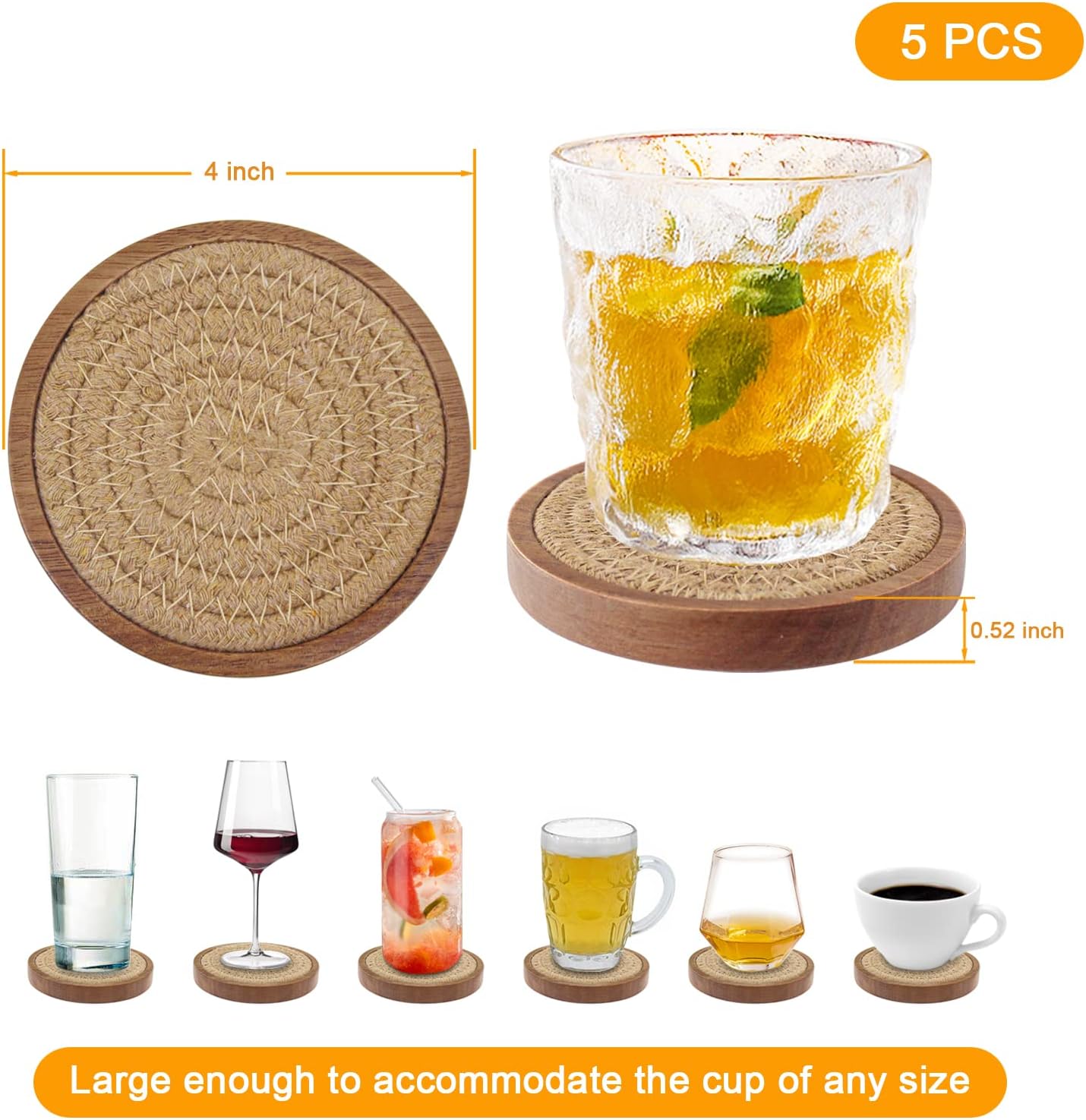 Woven Coasters Set of 5, Wooden Coasters with Holder for Coffee Table, Housewarming Gift for Farmhouse Home Decor, 4 inches