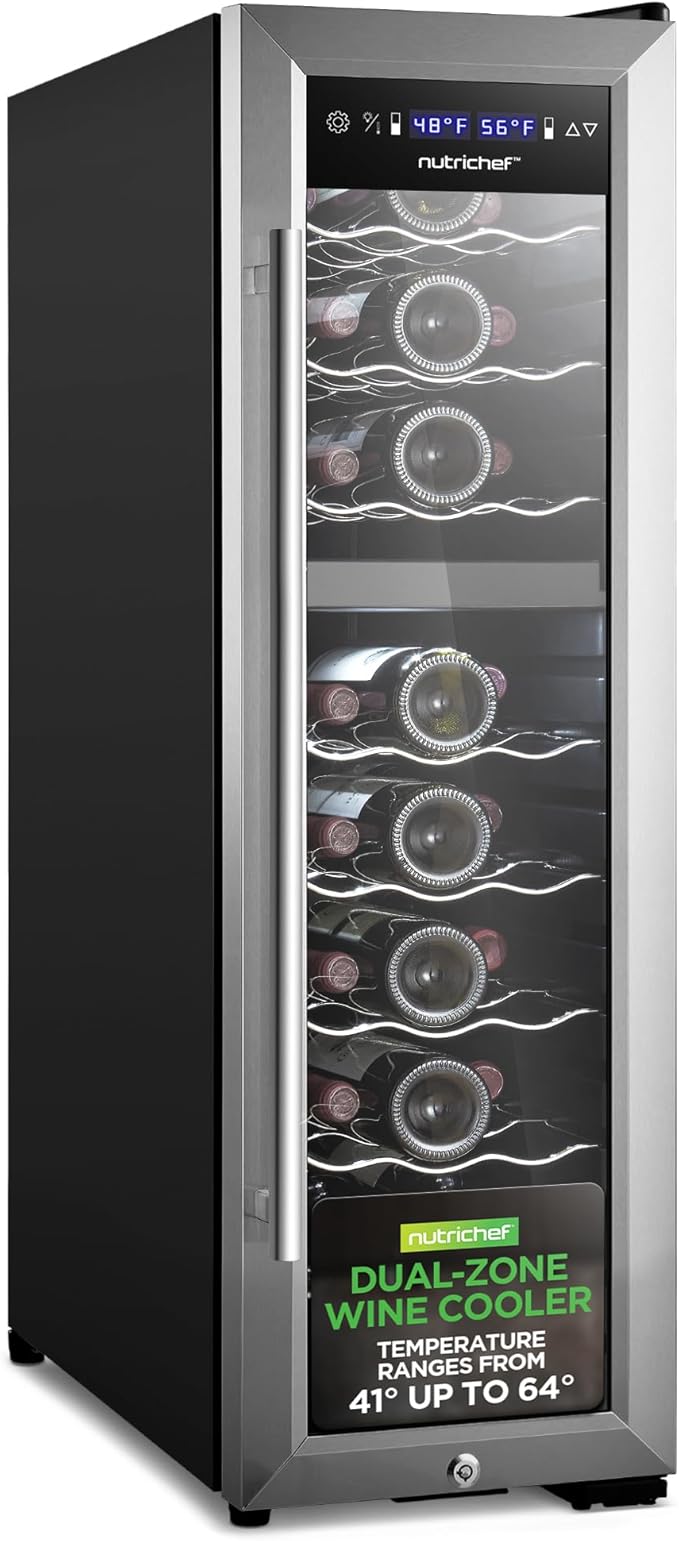 NutriChef 24 Bottle Wine Fridge | Dual Zone Chiller | Adjustable Temperature 41°F to 64°F | Ultra Quiet Operation | Wine Cooler for Home, & Office | FreeStanding 39x11x23 in (Black)