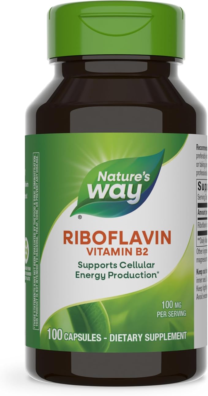 Nature's Way Riboflavin Vitamin B2, Supports Cellular Energy Production*, High Potency Riboflavin, 100 mg per Serving, 100 Capsules (Packaging May Vary)