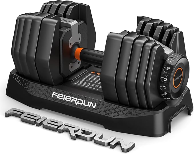 FEIERDUN DB1 Quick Adjustable Dumbbell Set, 15-in-1 Weight Set Dumbbells 105lb/52.5lb with Storage Box, Quick Adjust Free ...