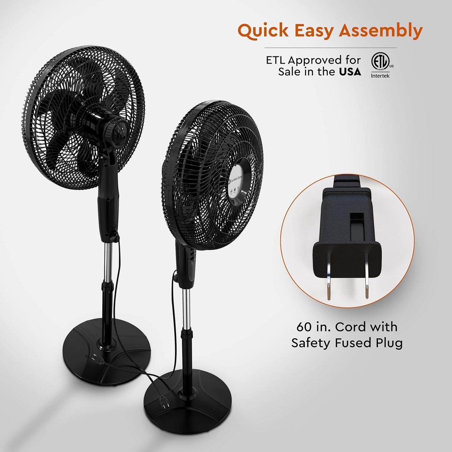 Comfort Zone Powrcurve Oscillating Pedestal Stand Fan, 18 Inch, 6 Blades, Tri-Curve Grill For Reduced Noise, 180 Adjustable Tilt