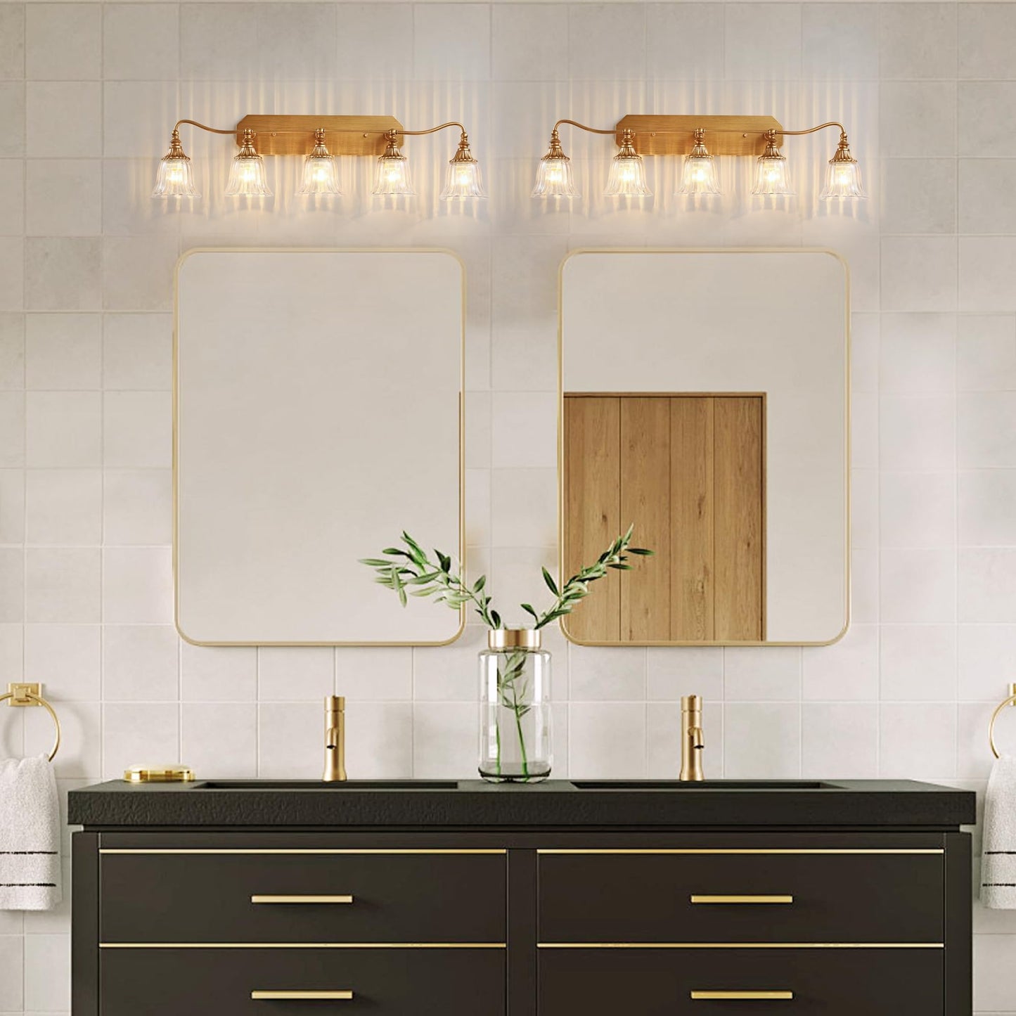 Lmnlvn Bathroom Vanity Gold Light Fixture  5 Lights Bathroom Lighting Matte Antique Brass Finish With Crystal Glass Shade  Gold Vintage Vanity Light For Bathrooms