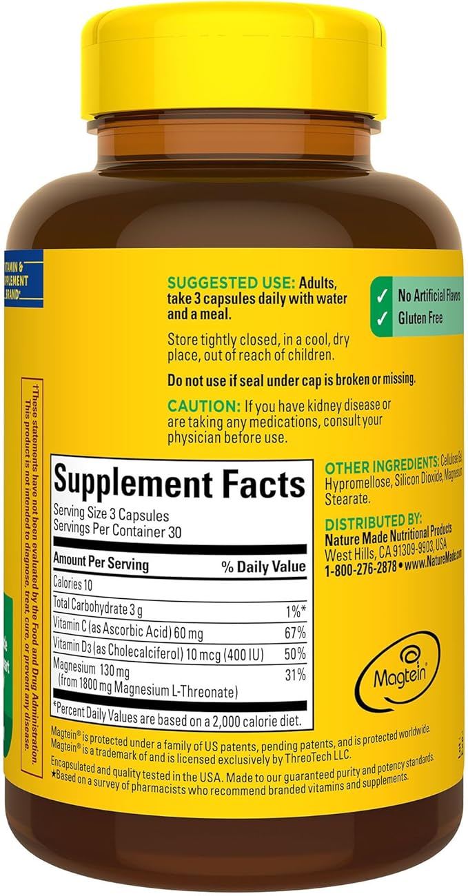 Nature Made Magnesium L-Threonate with Vitamin C & Vitamin D3, Provides 130 mg of Magnesium from 1800 mg Magnesium L Threonate, Cognitive Support Magnesium Supplement, 90 Capsules, 30 Day Supply