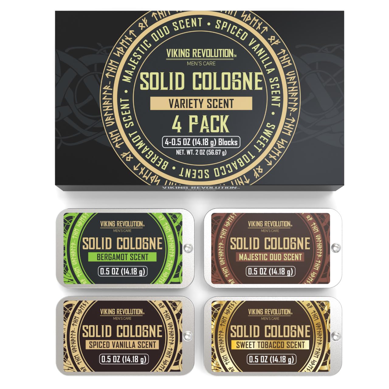 Viking Revolution 4 Pack Mens Colognes - 0.5 Oz Solid Perfume with Spiced Vanilla, Sweet Tobacco, Majestic Oud, Bergamot - Travel Wax Balm Cologne