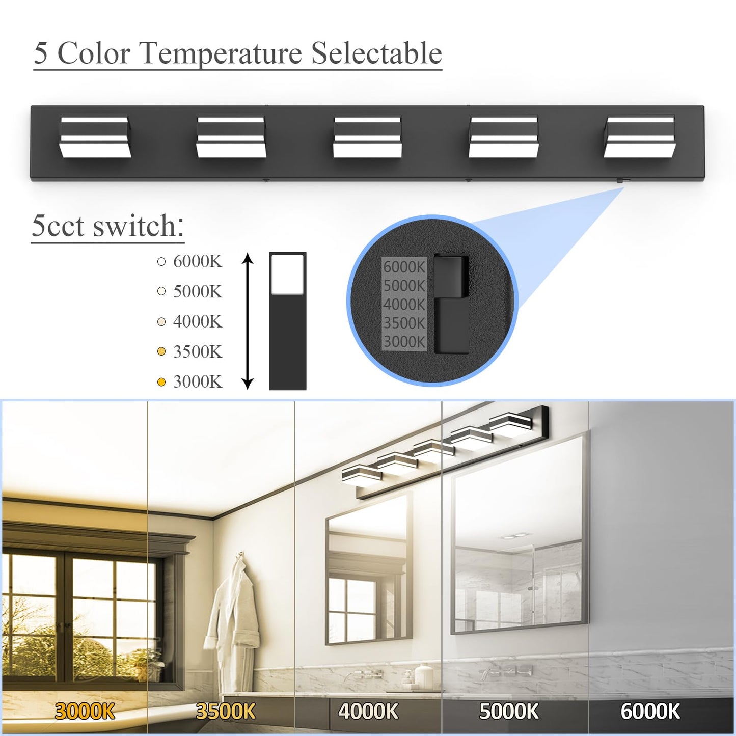 Ralbay 40.5Inch Black Vanity Light With 5 Color Temperatures (3000K-6000K) Dimmable Metal Acrylic Modern Led Matte Black Bathroom Lighting Over Mirror (5-Light)
