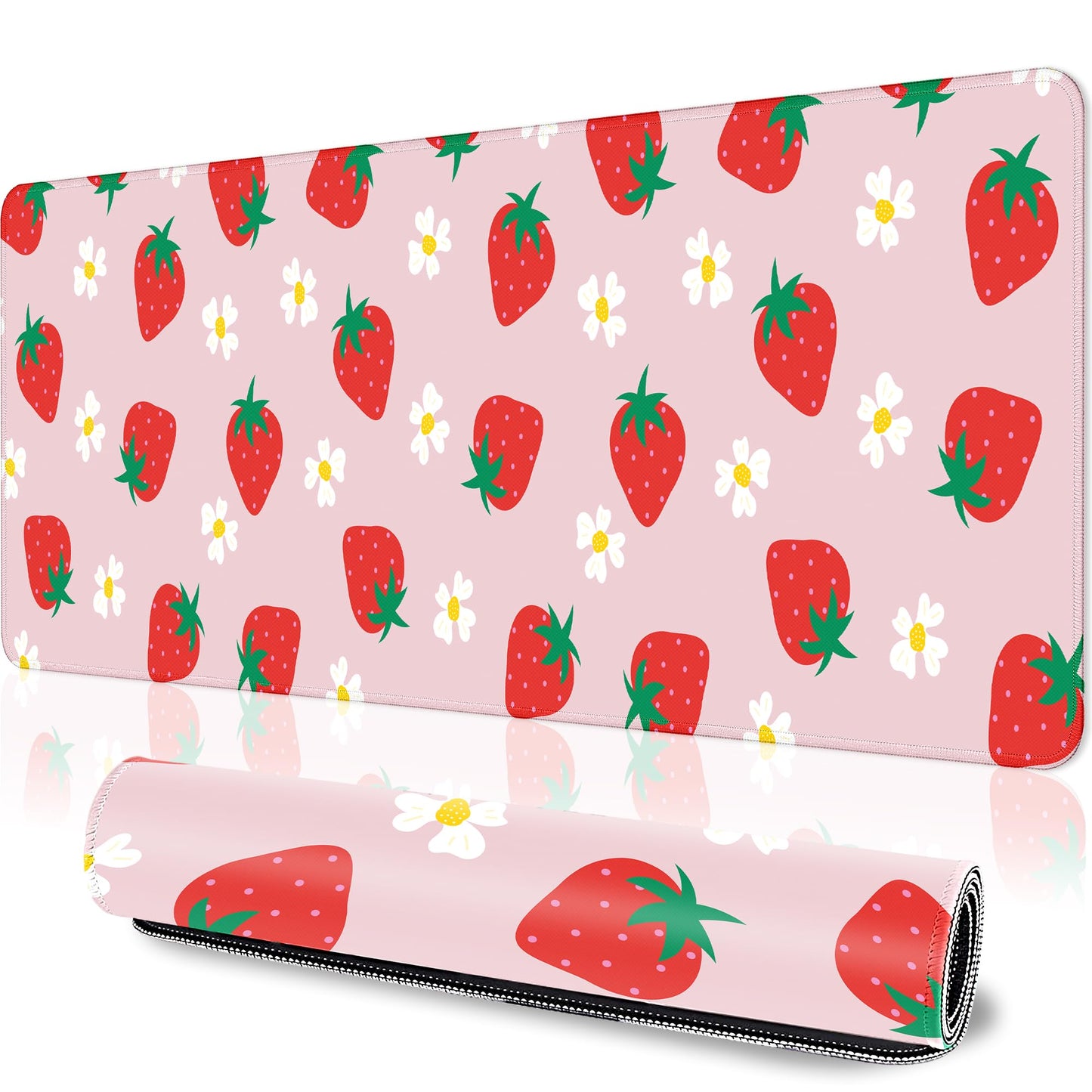 Cute Strawberry Extended Gaming Mouse Pad XL Kawaii Pink Large Mouse Pad 31.5x11.8in 3mm Non-Slip Rubber Base Pink Mousepad Stitched Edges Keyboard Mouse Mat Desk Pad for Women Office Gaming Decor
