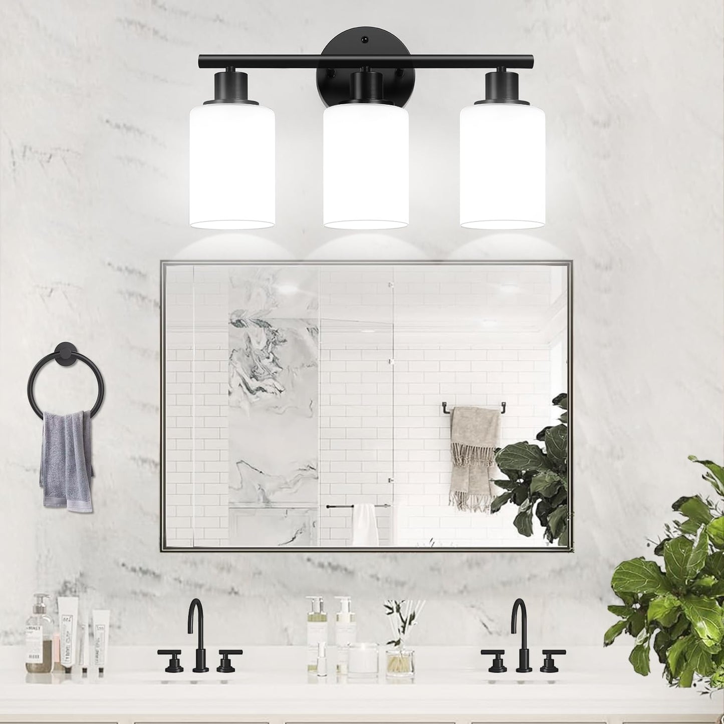Zarbitta 3-Light Bathroom Light Fixtures, Black Modern Vanity Lights with Milky White Frosted Glass Shades, Bathroom Wall Lamp for Mirror Kitchen Living Room Hallway Cabinet Porch