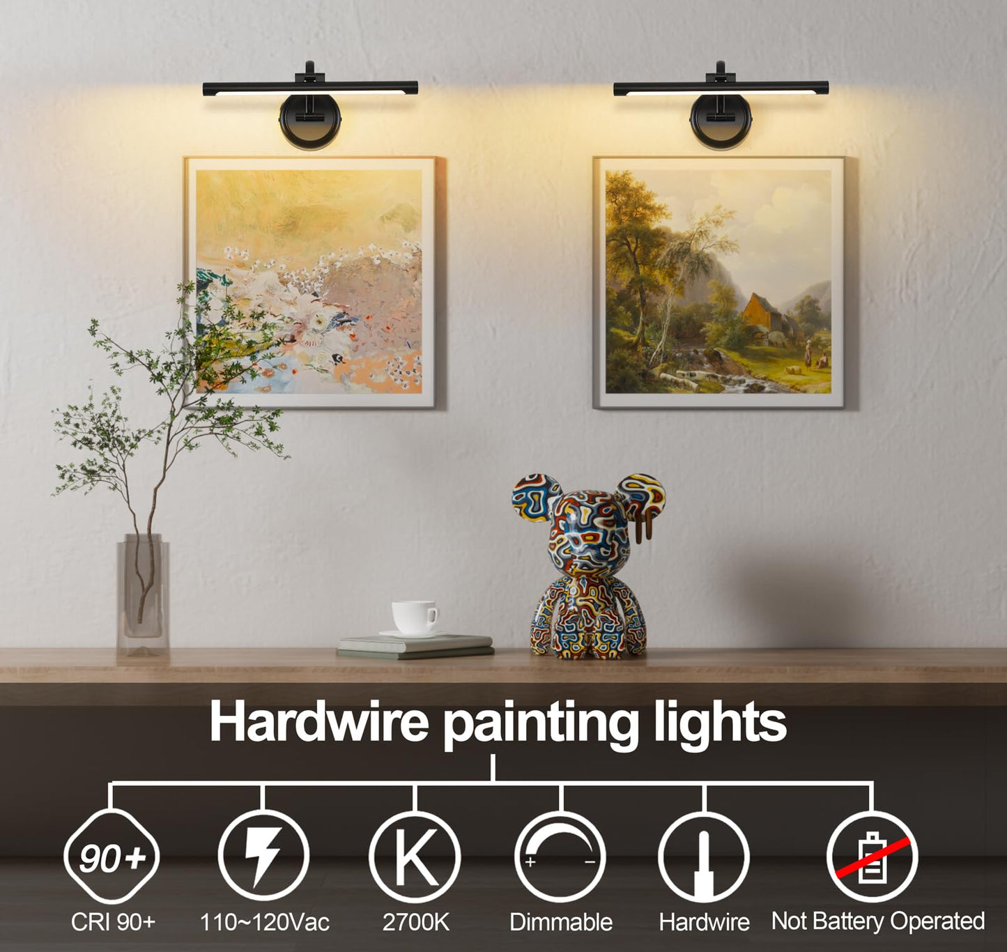 Black Picture Lights For discomfort-reducingtings Hardwired Led Wall Art Lighting 15.75 Dimmable Full Metal Gallery Light Modern Portrait Artwork Picture Frame Light With Single Swing Arm  9W  2700K  Warm White