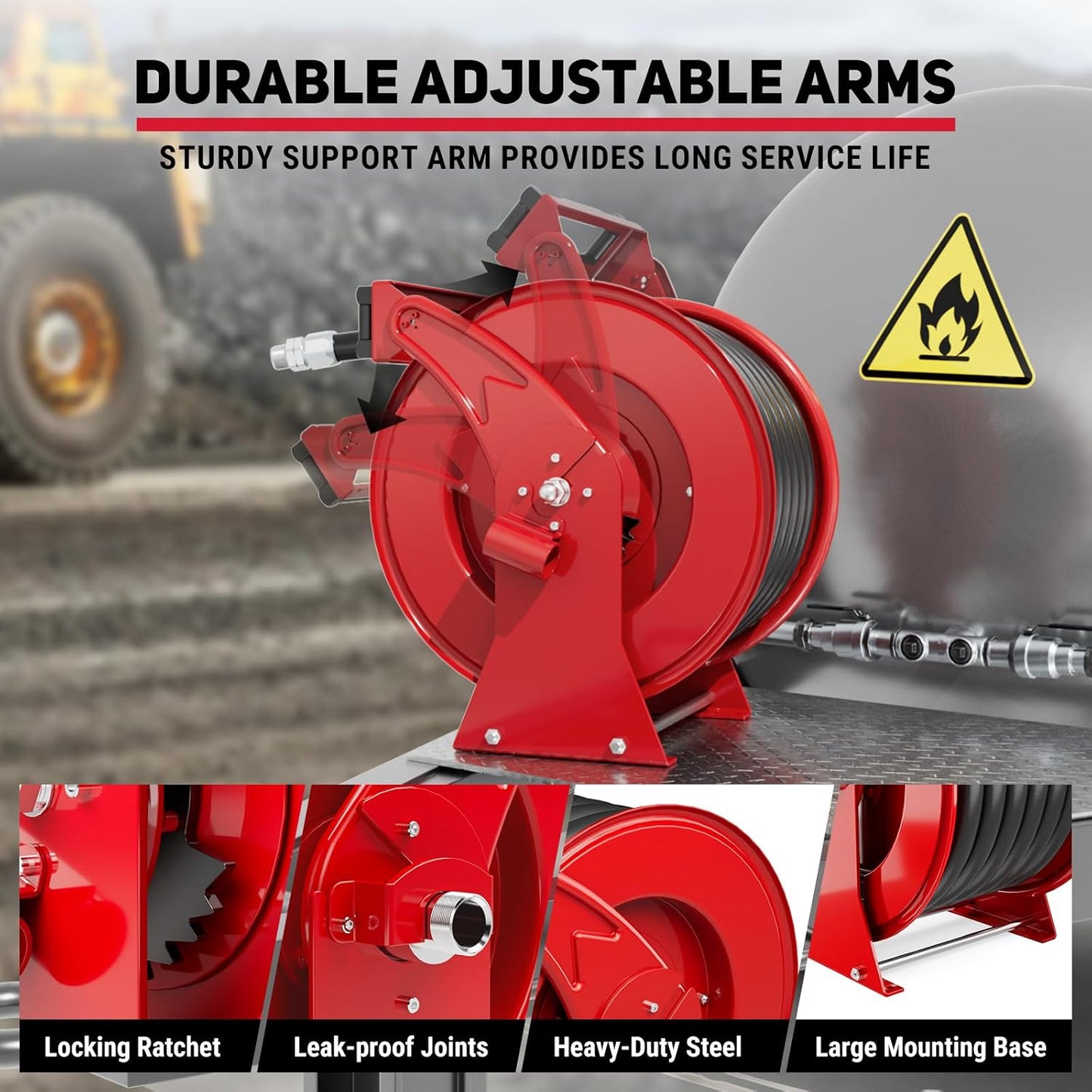 Fuel Hose Reel, Retractable 1" x 50' Extra Long Diesel Hose, 300 PSI Industrial Carbon Steel Diesel Hose Reel Auto Swivel Rewind with Fueling Nozzle for Vehicle Tank Truck Trailer Ship