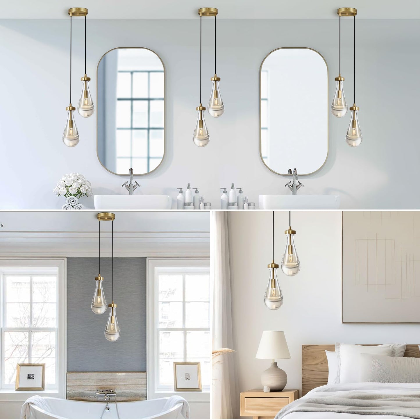 Joyunleo Brass Raindrop Pendant Lights Kitchen Island 2-Light  Cluster Gold Pendant Light Fixture For Bedroom  Dimmable Dining Room Light Fixture Hanging Pendant Lighting Ceiling Chandelier For Foyer