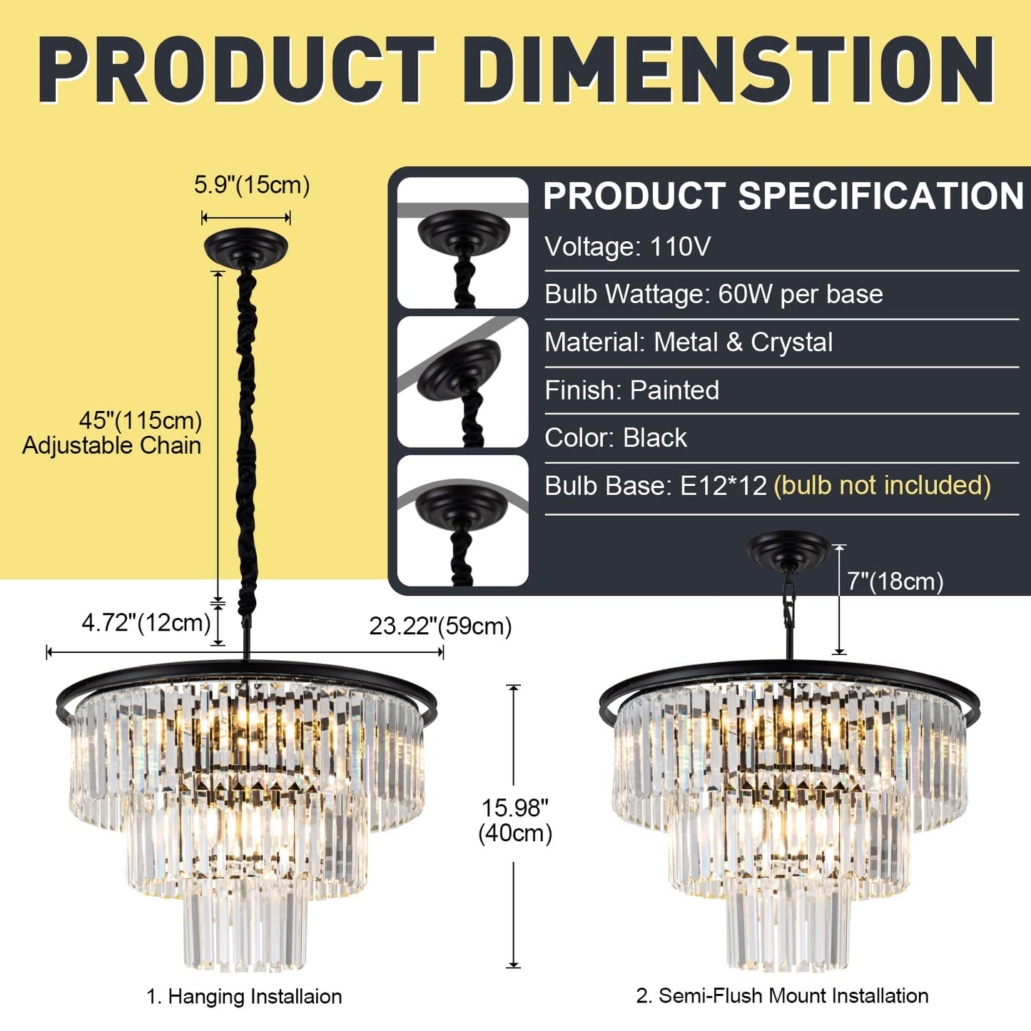 Brfaixla 12 Lights 23.64 Black Modern Crystal Chandelier Crystal Pendant Ceiling Light Fixture 3-Tier Hanging Lighting For Dinning Room Bedroom Living Room Foyer