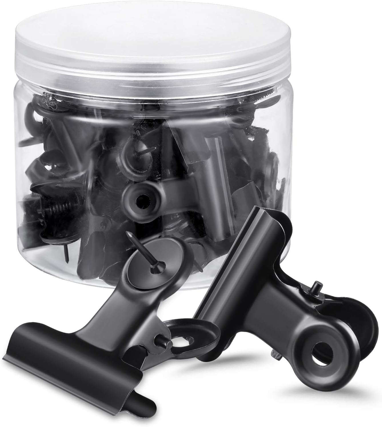 Outus 30 Pieces Push Pins Clips Thumb Tacks with Clips Cork Board Tacks for School Artworks Projects on Cork Photos Documents on Bulletin Board No Holes for The Paper(Black)