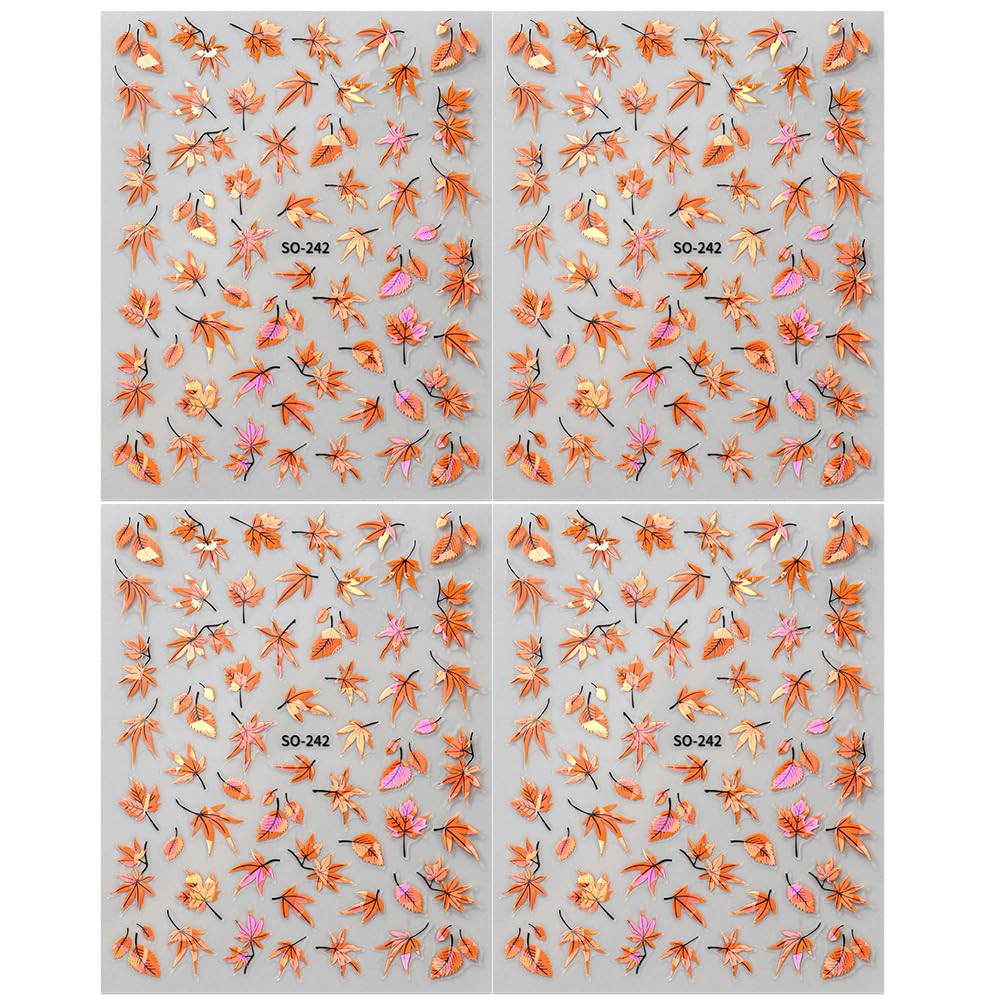 4-Sheet 3D Maple Leaves Nail Art Stickers - Fall Leaves & Maple Leaf Designs - Thanksgiving & Autumn Themed Nail Decals