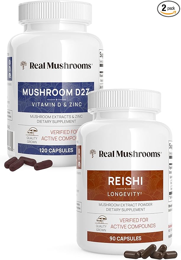Real Mushrooms Vitamin D2, Zinc (120ct) and Reishi 415 (90ct) Bundle with Chaga - Natural Support for Immunity, Better Sleep, and Relaxation - Vegan, Gluten Free, Non-GMO, Organic Mushroom Extracts