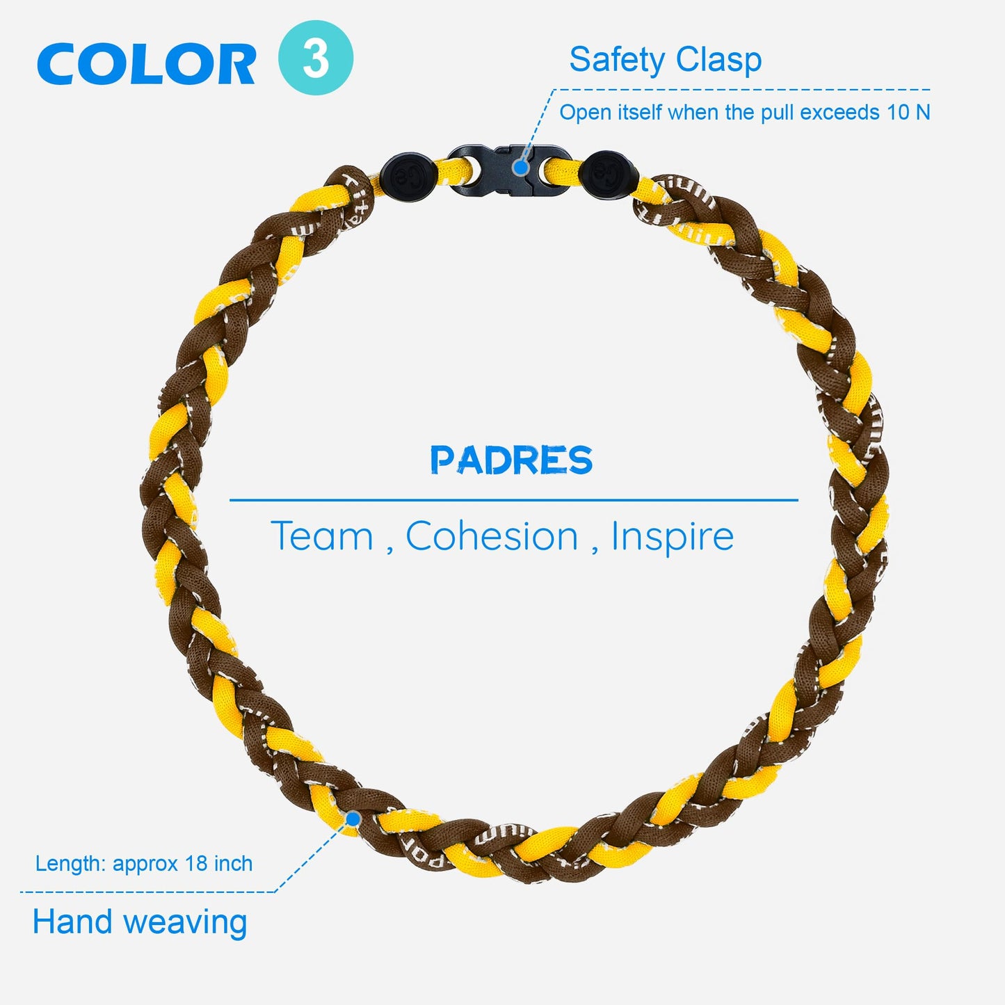 SUPBOMM 3 pcs Baseball Rope Necklaces, League Team Colors Braided Necklace, Baseball Team Gifts, Padres